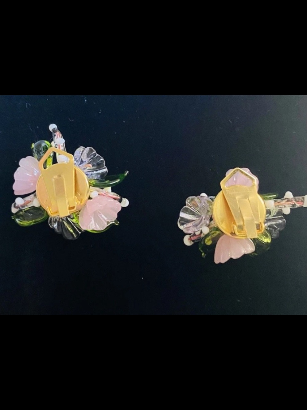 Vintage Germany Cluster Floral Clip On Earrings Beads Flower Pink Hawaiian Tulip - Picture 4 of 5